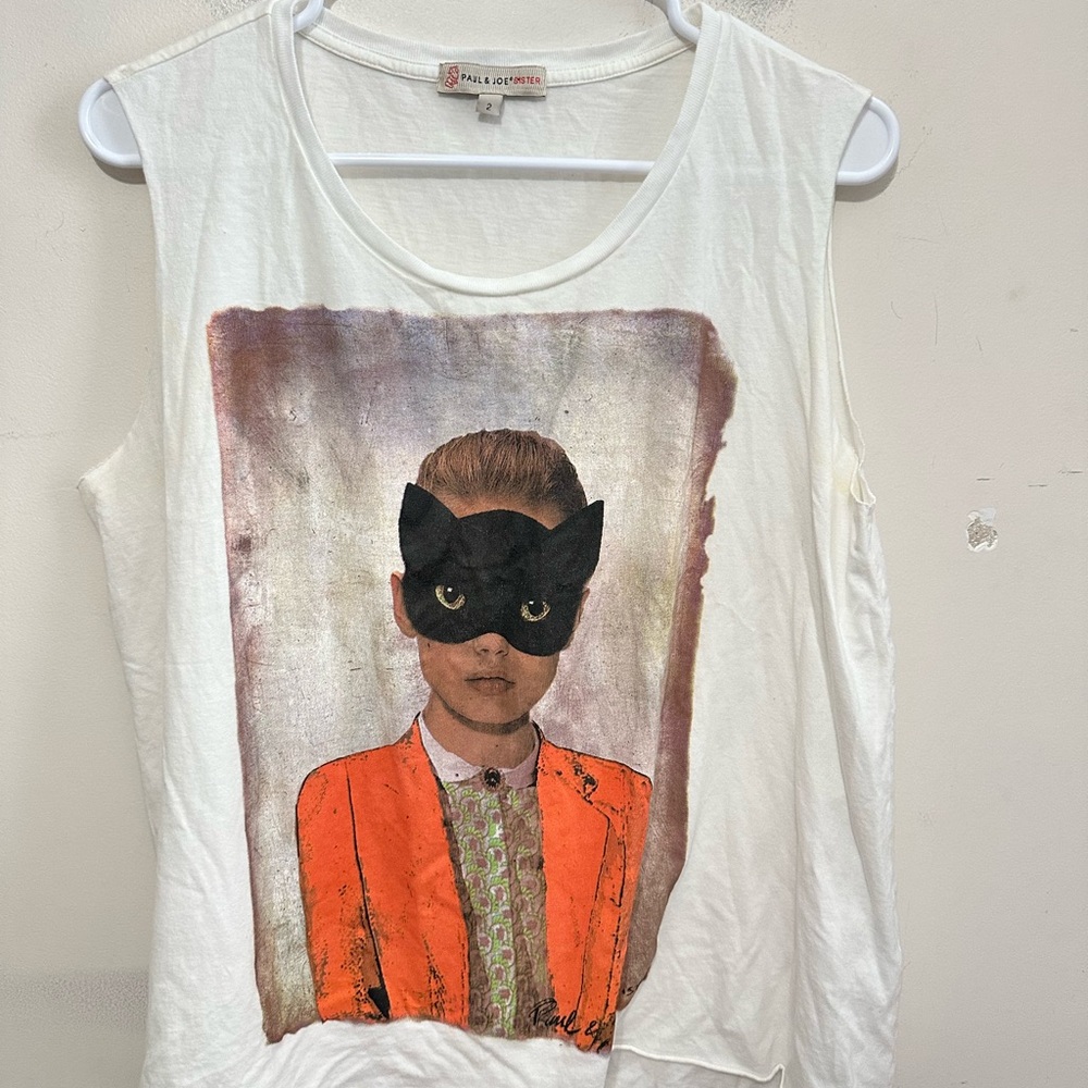 Paul & Joe Sister Cat Mask Graphic Sleeveless Tee White Top Size 2